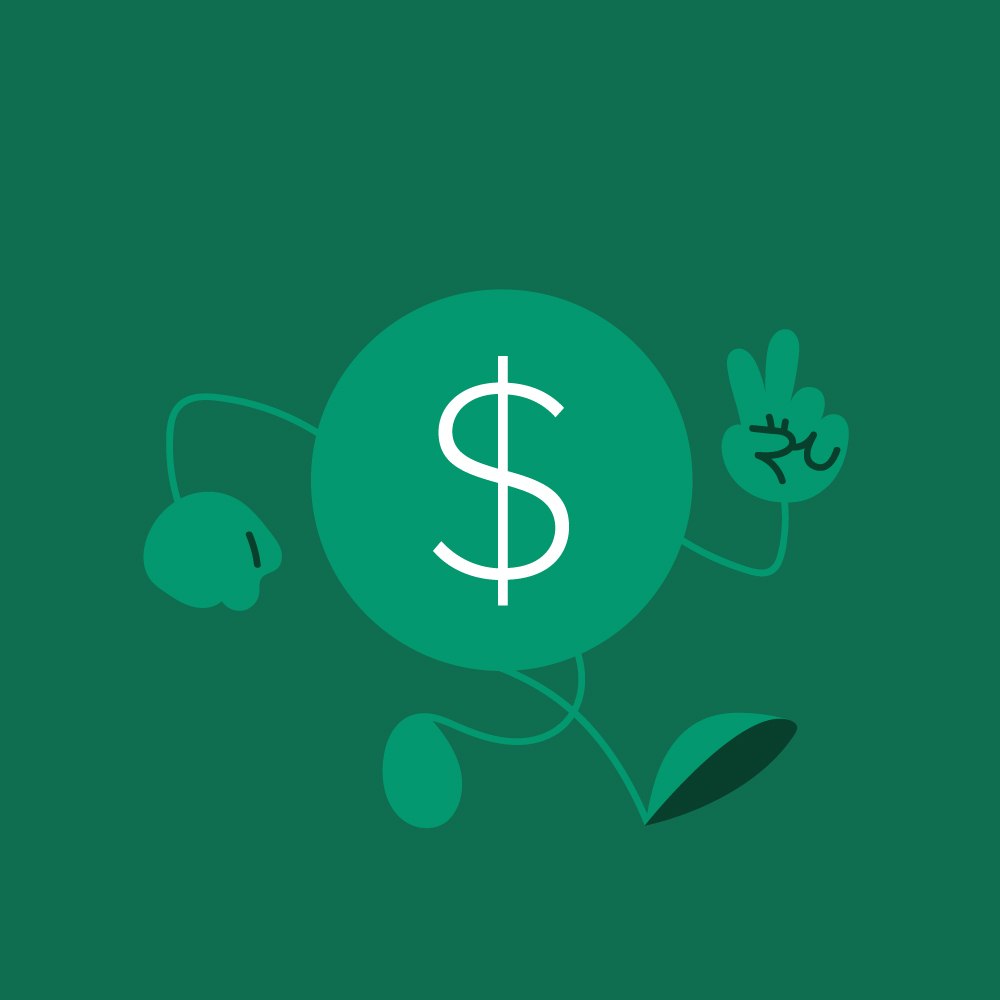 Happy Coin, a green dollar character walking along and giving a peace sign